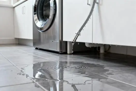 Water spreading across a tile floor beside a front-load washer, appliance leak water damage in Spring Hill, TN