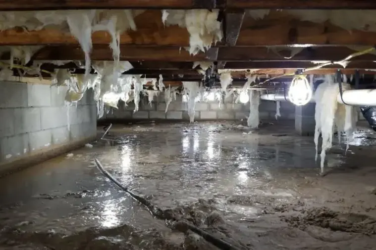 Standing water across a crawl space floor under sagging insulation, crawl space water removal in Spring Hill, TN