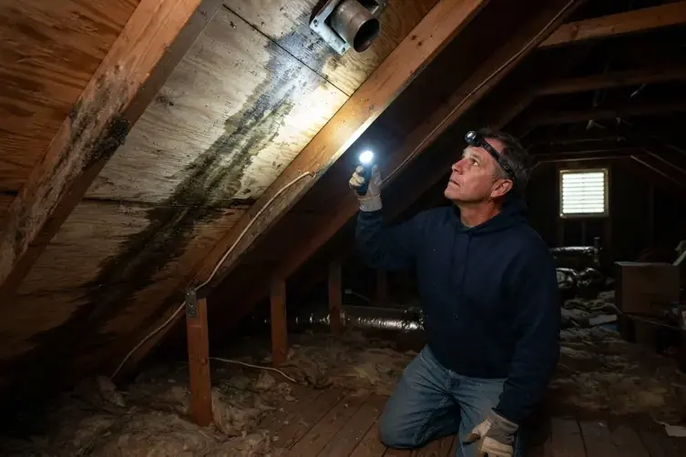 Inspector with a headlamp checking water-stained roof decking in an attic, roof leak water damage in Spring Hill, TN