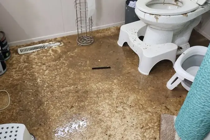 Sewage sludge covering a bathroom floor around a toilet, sewage backup cleanup in Spring Hill, TN