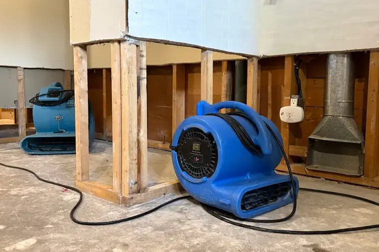 An air mover drying exposed wall studs after a flood cut in a Fairview, TN home