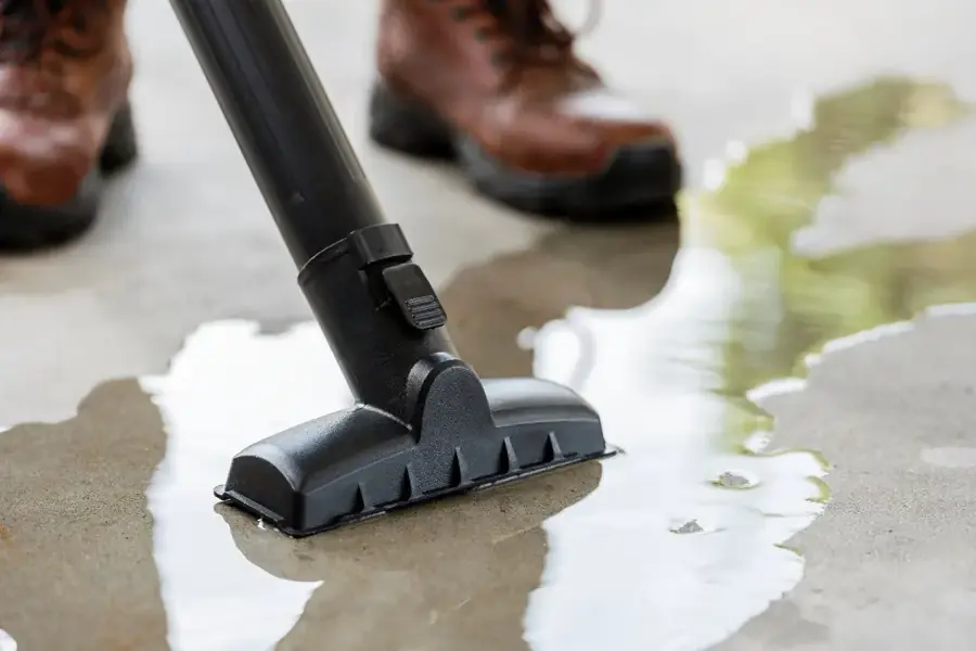 Wet vac wand pulling standing water off a floor during water extraction in Spring Hill, TN